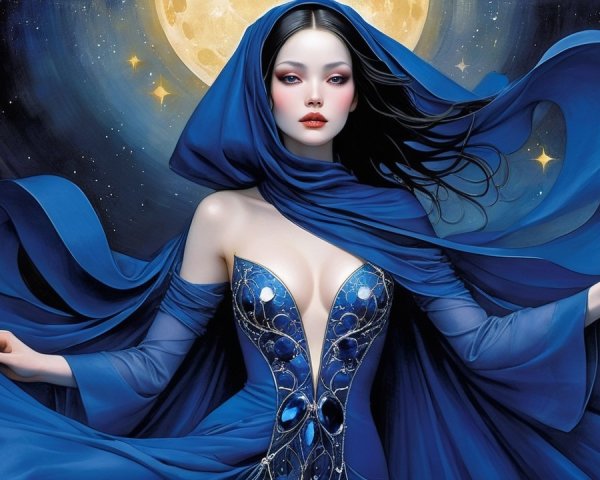 Enchanting Figure in Blue Gown Under Moonlit Sky