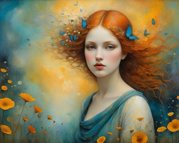Portrait of a Young Woman with Red Hair and Butterflies