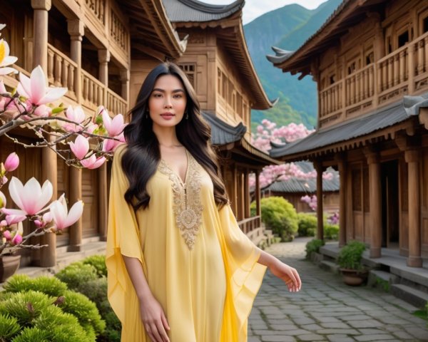 Woman in Yellow Gown in Picturesque Courtyard Setting