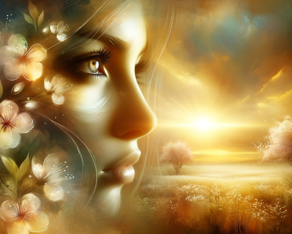 Ethereal Portrait of Woman with Flowers at Sunset