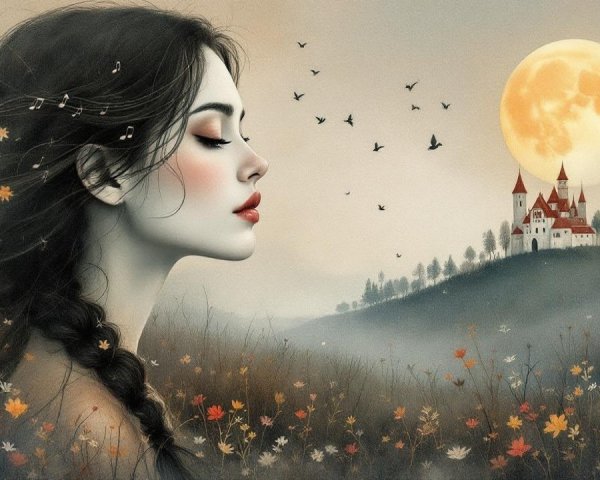 Serene Woman Under Glowing Full Moon and Autumn Leaves
