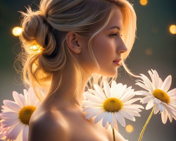 Profile of a Young Woman with Daisies and Soft Hair