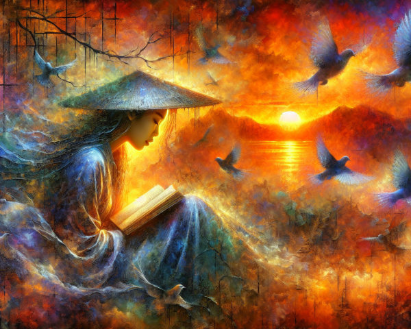 Dreamlike Landscape with Serene Figure Reading