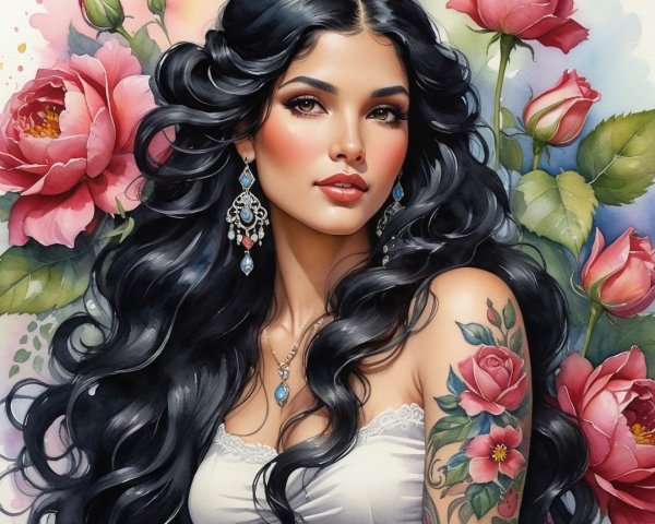 Woman with Black Hair and Floral Tattoo Surrounded by Roses