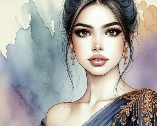 Young Woman in Elegant Blue Gown with Soft Background