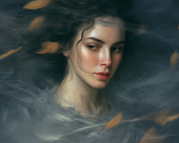 Portrait of a Woman in Mist and Autumn Leaves