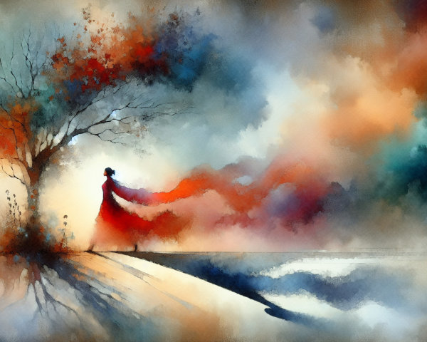Watercolor Landscape with Figure in Red Dress