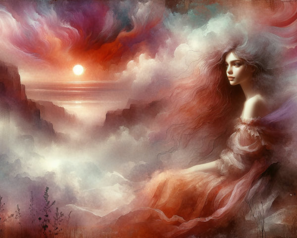 Mystical Sunset Scene with Young Woman and Ocean
