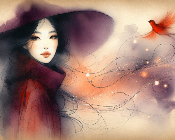 Watercolor portrait of a woman in a purple hat