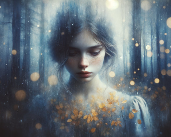 Young girl in a misty forest with ethereal light