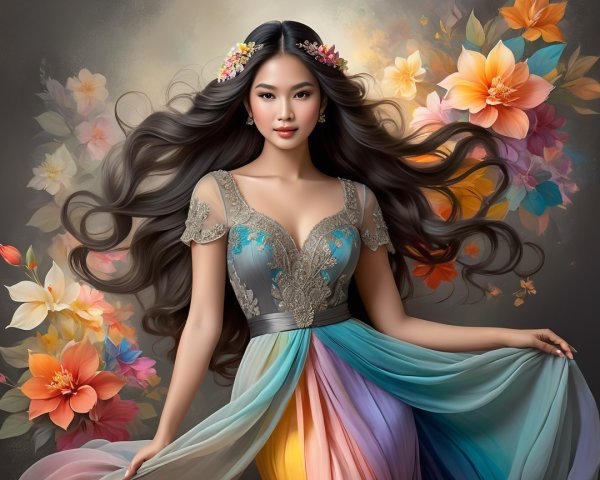 Elegant woman in gown with floral backdrop
