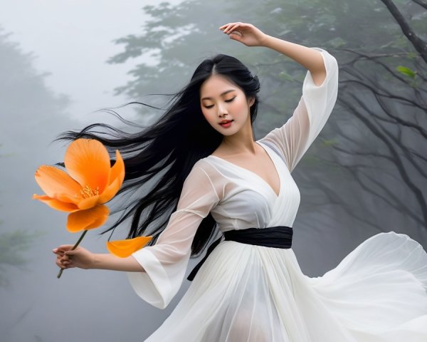 Woman in White Dress Dancing in Misty Forest