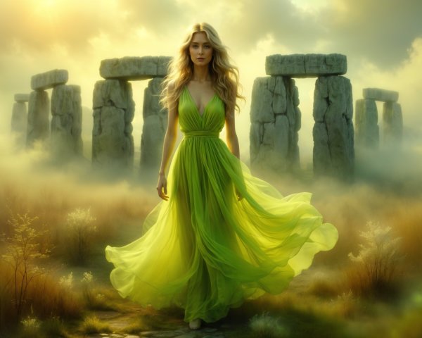 Luminous Figure in Green Dress in Misty Landscape