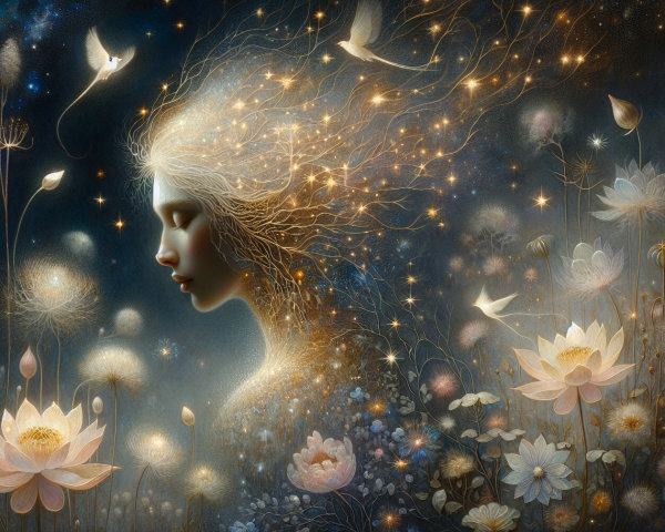 Mystical Figure in Dreamlike Landscape with Stars