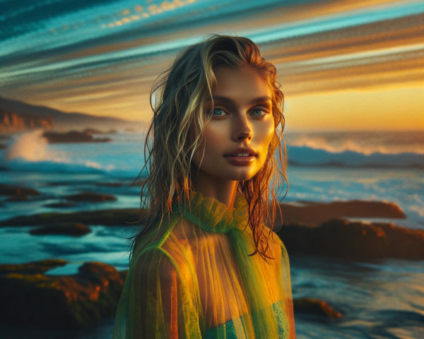 Young woman on rocky shore at sunset with ocean waves