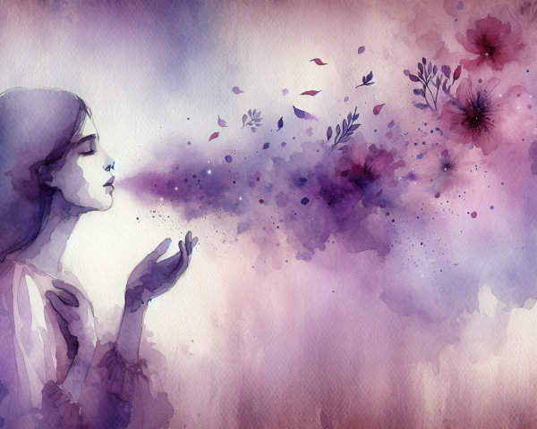 Watercolor Painting of Woman Exhaling Floral Elements