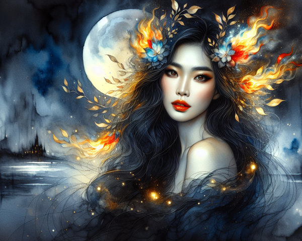 Portrait of a woman with flowers and glowing leaves