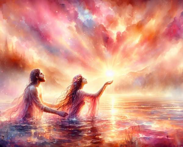 Ethereal Figures by Tranquil Lake at Sunset