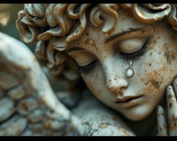 Close-up of a weathered angel statue with tears