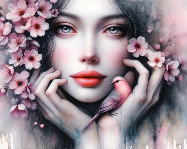 Portrait of a woman with cherry blossoms and a bird