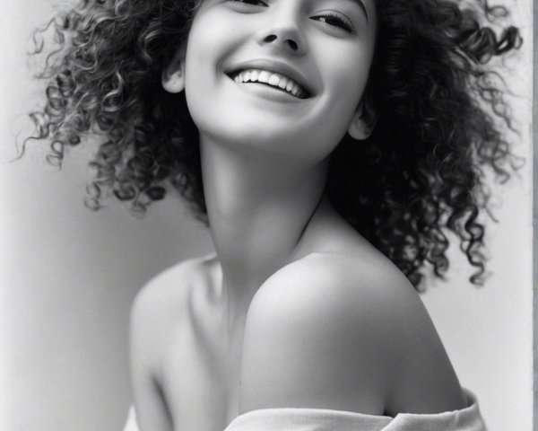 Young woman with curly hair in monochrome setting