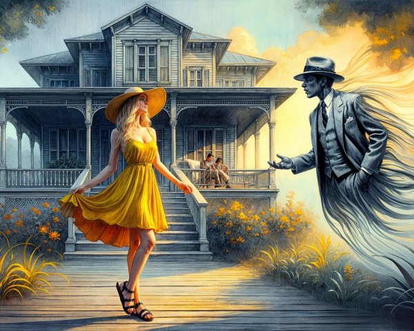 Whimsical Scene of a Vintage House and Ethereal Figure