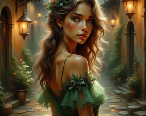 Young Woman in Green Dress in Cobblestone Alley