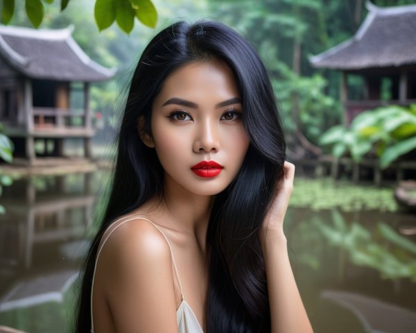 Young woman with black hair in serene natural setting