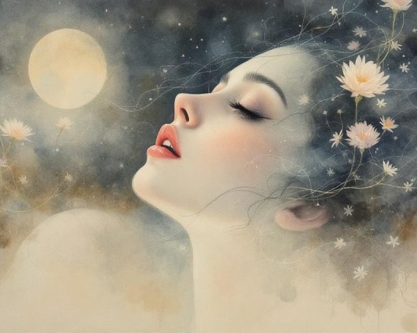 Ethereal Portrait of a Serene Woman with Flowers