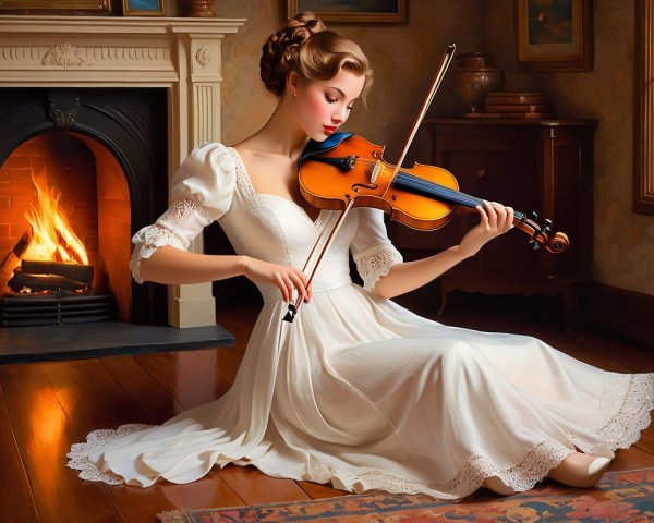 Young Woman in White Dress Playing Violin by Fireplace