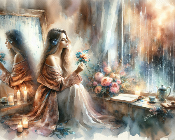 Watercolor Painting of Woman with Flower in Indoor Scene