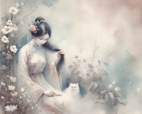 Young Woman in Traditional Attire Surrounded by Flowers