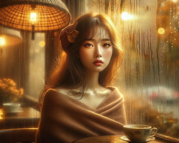 Contemplative Young Woman by Rainy Window in Café