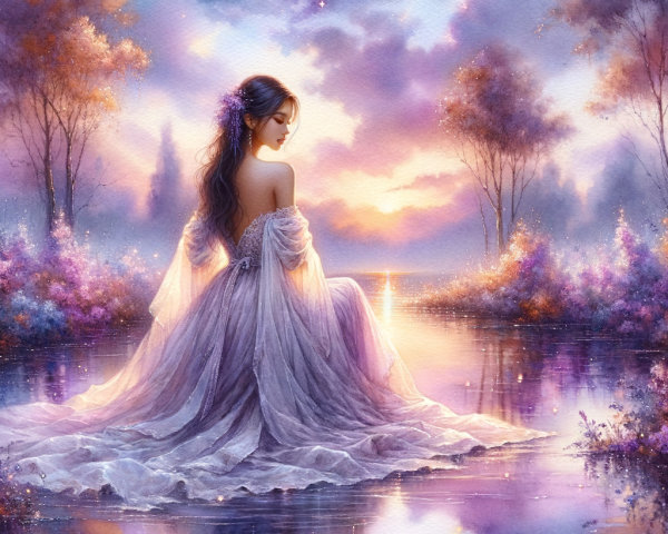 Young woman by tranquil lake at sunset in gown