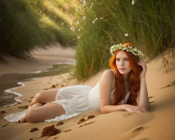 Young Woman with Red Hair in Serene Beach Scene