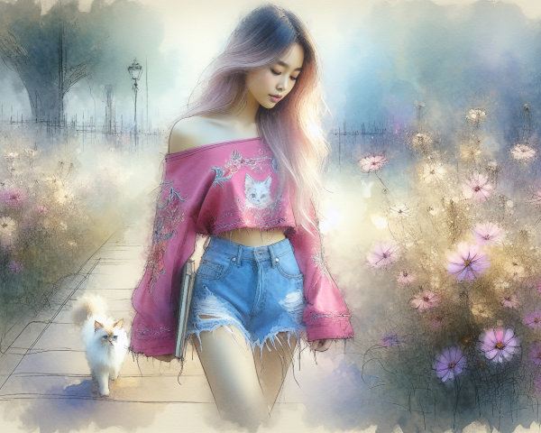 Young woman with pastel hair in a flower-filled path