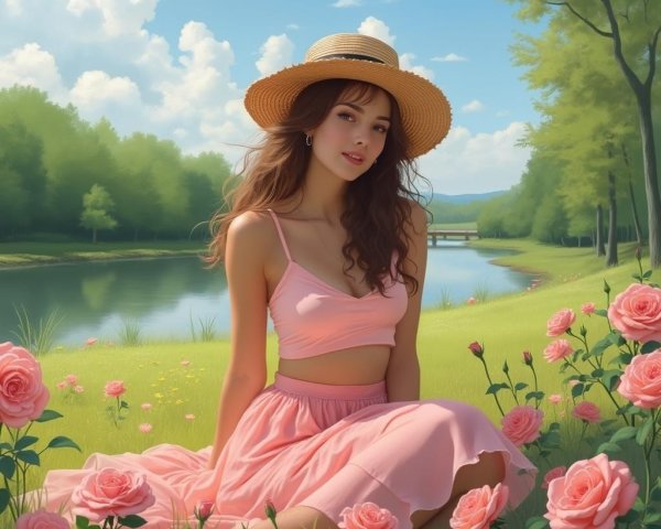 Young woman by serene lake with pink roses and trees