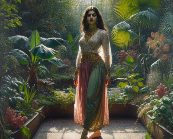 Elegant Woman in Lush Indoor Garden Setting