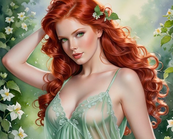Portrait of a Woman with Red Hair in Greenery