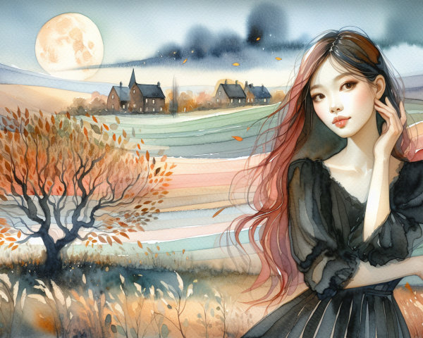 Serene Landscape with Woman in Black Dress and Moon