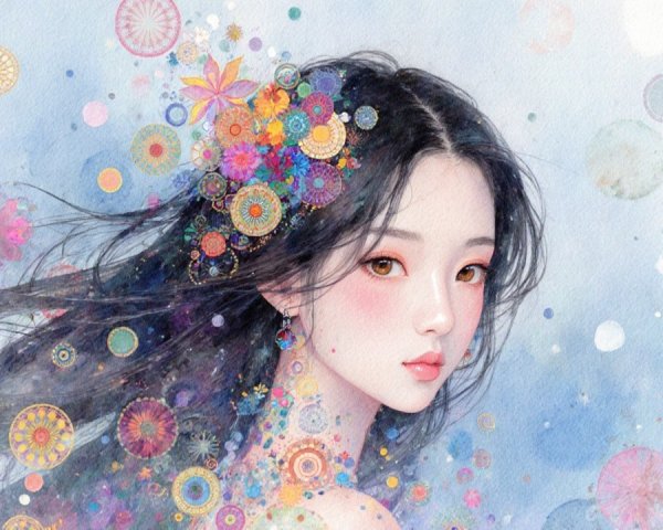 Portrait of a Young Woman with Colorful Patterns