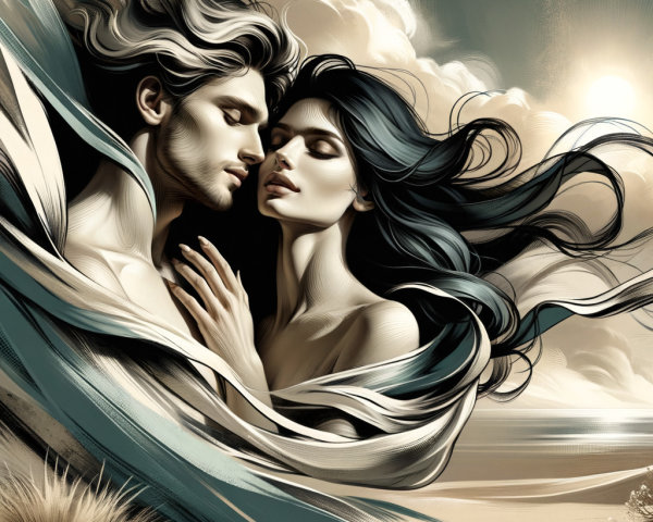 Romantic Embrace in Serene Landscape Artwork