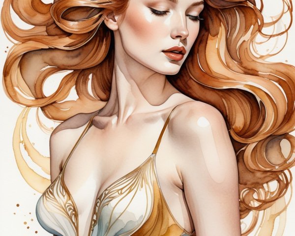Illustration of a Woman with Red Hair and Elegant Attire