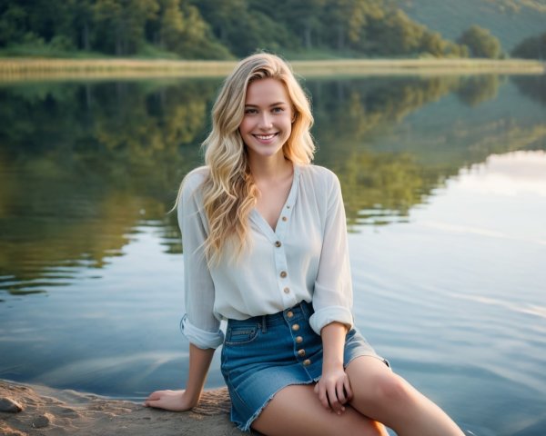 Young blonde woman by a calm lake at golden hour