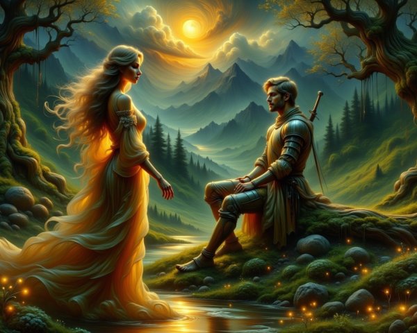 Knight in Armor Meets Ethereal Figure in Forest