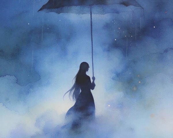 Watercolor Painting of Woman with Umbrella and Moon