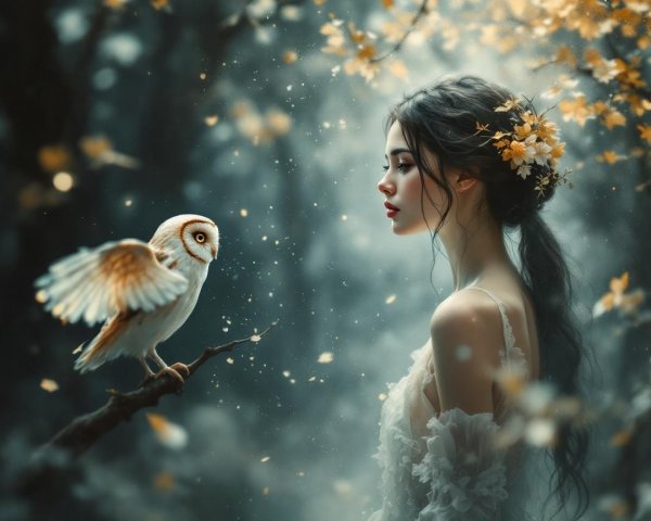 Young woman in mystical forest with owl and flowers