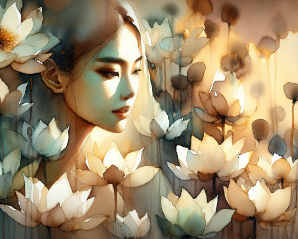 Watercolor Portrait of a Serene Woman with Lotus Flowers