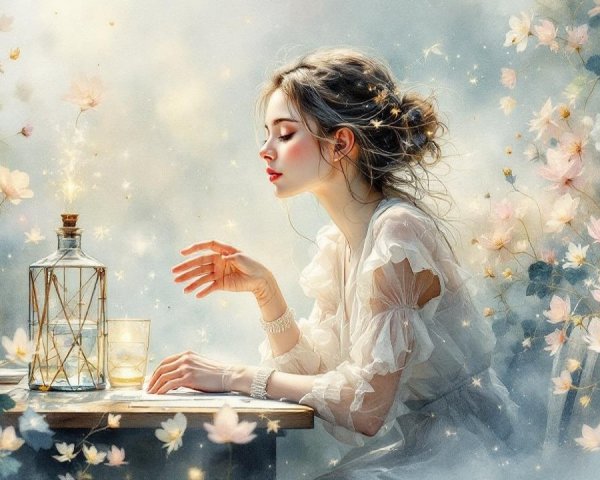 Young woman at a table with flowers and lanterns