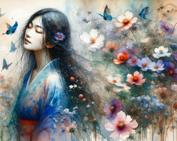 Serene woman in blue kimono among vibrant flowers